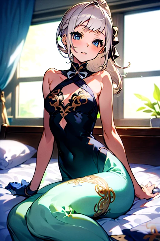 (((1 girl)),ray tracing,(dim lighting),[detailed background (bedroom)),((silver hair)),((silver hair)),(Fluffy silver hair, plump slender girl)) with high ponytail)))) Avoid blonde eyes in the ominous bedroom ((((Girl wears intricately embroidered black high-waisted pants with pantyhose) and white ruffled bow gloves), showing a delicate slim figure and graceful curves, correct limbs, sitting on the bed