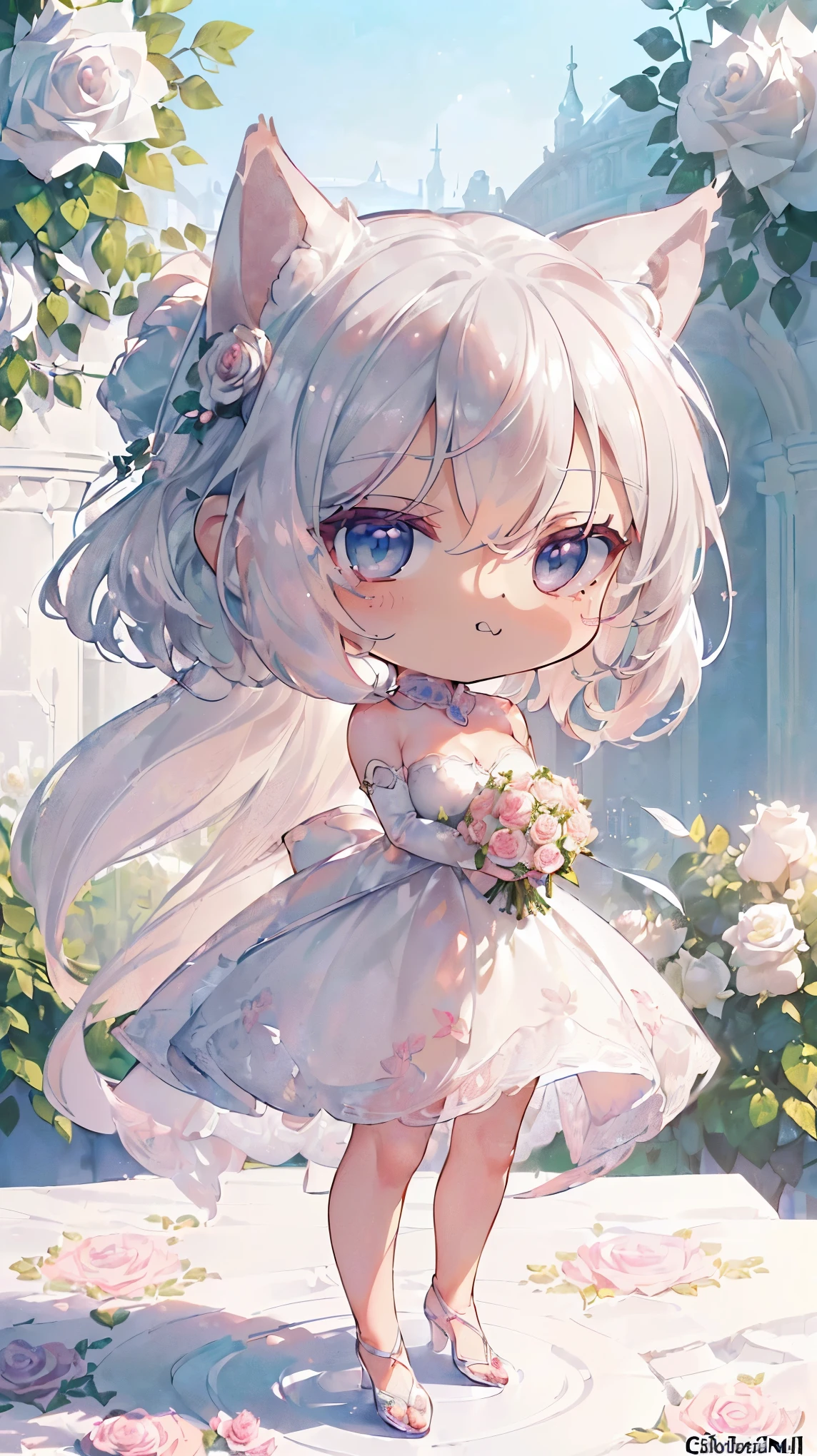 (((Masterpiece))), (((Highest quality))), ((Ultra-detailed)), ((Super fine illustration)), ((Ultra-fine painting)), (16K highest quality wallpaper:1.4), (Chibi:2.0), (Full body:1.4), (Highly detailed and delicate illustration style:1.8), Detailed skin texture, Detailed cloth texture, Detailed rose flower texture, Detailed wood texture, Extreme detailed description, (T-masterpiece), (Highly detailed face:1.4), Original, RAW photo, Professional, Intricate details, Super details, Direct light:1.6, (Perfect anatomy:1.4), (Highly detailed hands:1.2), (Highly detailed fingers:1.2), (Highly detailed fingertips:1.2), (27-years-old), Real, (Solo:1.6), ((A very beautiful and attractive silver fox female model:1.4))
BRAKE
(Beautiful and adorable silver fox ears:1.6), (Highly detailed and delicate silver fox ears:1.4), (Beautiful and well-shaped big breasts:1.2), (Beautiful and well-shaped buttocks), (Beautiful and shiny silver hair:1.6), (Highly detailed and delicate silver hair:1.4), (Beautiful clear blue eyes that shine with great detail:1.6), (Highly detailed and delicate blue eyes:1.2), (Highly detailed face:1.4), (Smile:1.4), (Looking at viewer:1.4), (Standing:1.4), (Celebration:1.4)
BRAKE
((A beautiful and gorgeous princess dress that is detailed and delicate to be worn at celebratory occasions:1.4))
BRAKE
((Holding in both hands a large bouquet of highly detailed and delicate ((white and pink roses)):1.3))
BRAKE
(Just after noon:1.4), (Celebration:1.4), ((Highly detailed and delicate white rose flower and pink rose flower garden background:1.4)), (Highly detailed and delicate royal palace courtyard background in just after noon in spring:1.4) BRAKE
