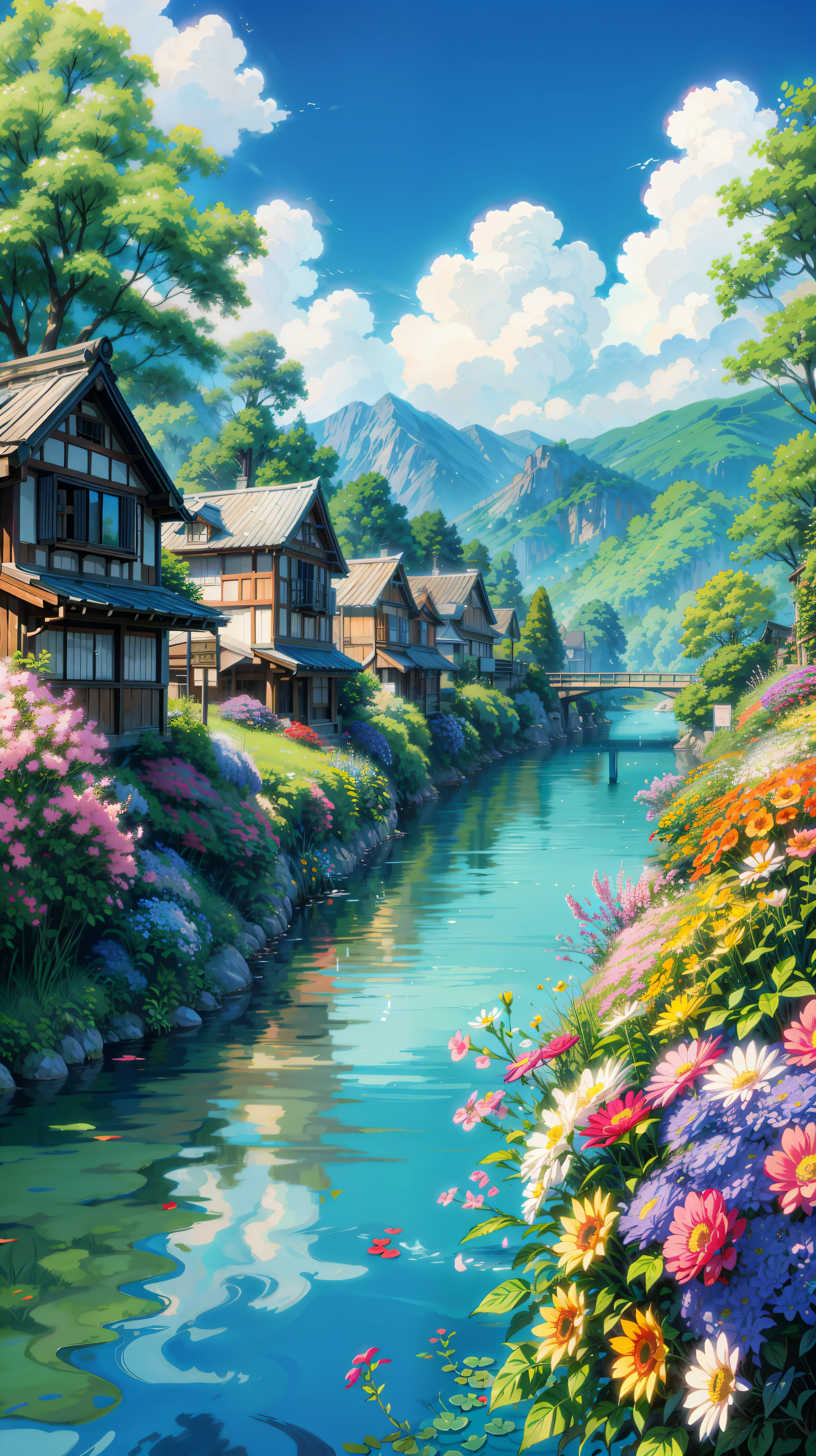 a painting of studio ghibli streets, still from the wind rises movie, multicolored flowers, river, anime, japanese, flower background, flowery wallpaper, flowers background, floral background, mountainous background, mountain background. by makoto shinkai, ghibli artstyle, 4k professional painting, game, detailed key anime art, illustation, a beautiful artwork illustration, beautiful digital painting, highly detailed digital painting, beautiful digital artwork, detailed painting 4 k, very detailed digital painting, rich picturesque colors, gorgeous digital painting