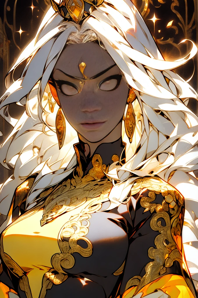 (looking at pov) highly detailed face, realistic face, (oversized clothes:1.2), miniskirt,  (dark coat with ornate golden embroidery, golden embellished), (white hair, golden streaks on hair), yellow eyes, thigh strap, (neo city), (clouds), add_detail:1, hair over one eye, largest_breasts!!, (ultra-detailed), hyper details, (intricate details), (cinematic light, best quality Backlights), from pov, perfect body, ), (crown: 1.1), Proud, high contrast, (best illumination, an extremely calm and beautiful),, brown skin, Daylight, 1girl, gold skin, jujutsu kaisen style, (masterpiece), best quality, Character casting a powerful magical spell., , Energy radiating from the character's body., Intense concentration on the character's face.
