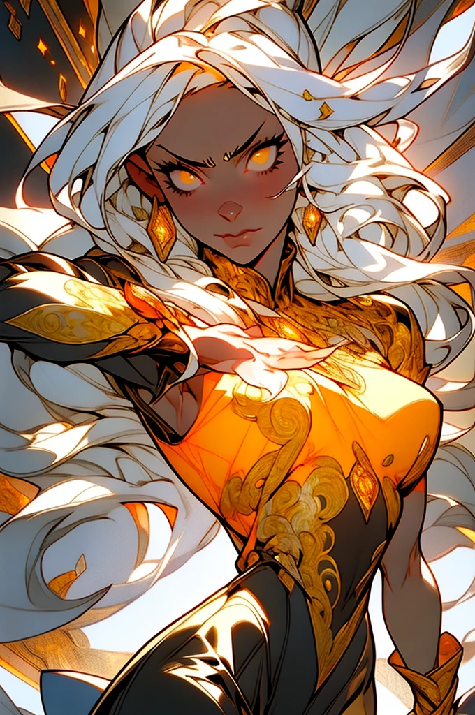 (looking at pov) highly detailed face, realistic face, (oversized clothes:1.2), miniskirt, (dark coat with ornate golden embroidery, golden embellished), (white hair, golden streaks on hair), yellow eyes, thigh strap, (neo city), (clouds), add_detail:1, hair over one eye, largest_breasts!!, (ultra-detailed), hyper details, (intricate details), (cinematic light, best quality Backlights), from pov, perfect body, ), (crown: 1.1), Proud, high contrast, (best illumination, an extremely calm and beautiful),, brown skin, Daylight, 1girl, gold skin, jujutsu kaisen style, (masterpiece), best quality, Character casting a powerful magical spell., , Energy radiating from the character's body., Intense concentration on the character's face.