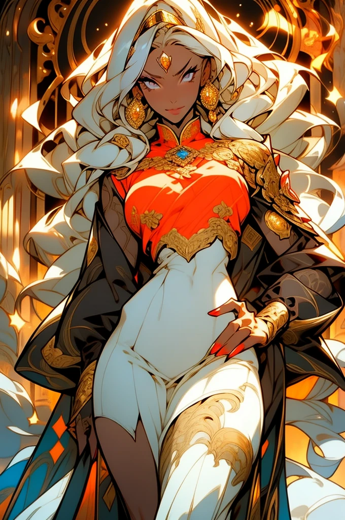 (looking at pov) highly detailed face, realistic face, (oversized clothes:1.2), miniskirt,  (dark coat with ornate golden embroidery, golden embellished), (white hair, golden streaks on hair), yellow eyes, thigh strap, (neo city), (clouds), add_detail:1, hair over one eye, largest_breasts!!, (ultra-detailed), hyper details, (intricate details), (cinematic light, best quality Backlights), from pov, perfect body, ), (crown: 1.1), Proud, high contrast, (best illumination, an extremely calm and beautiful),, brown skin, Daylight, 1girl, gold skin, jujutsu kaisen style, (masterpiece), best quality, Character casting a powerful magical spell., , Energy radiating from the character's body., Intense concentration on the character's face.
