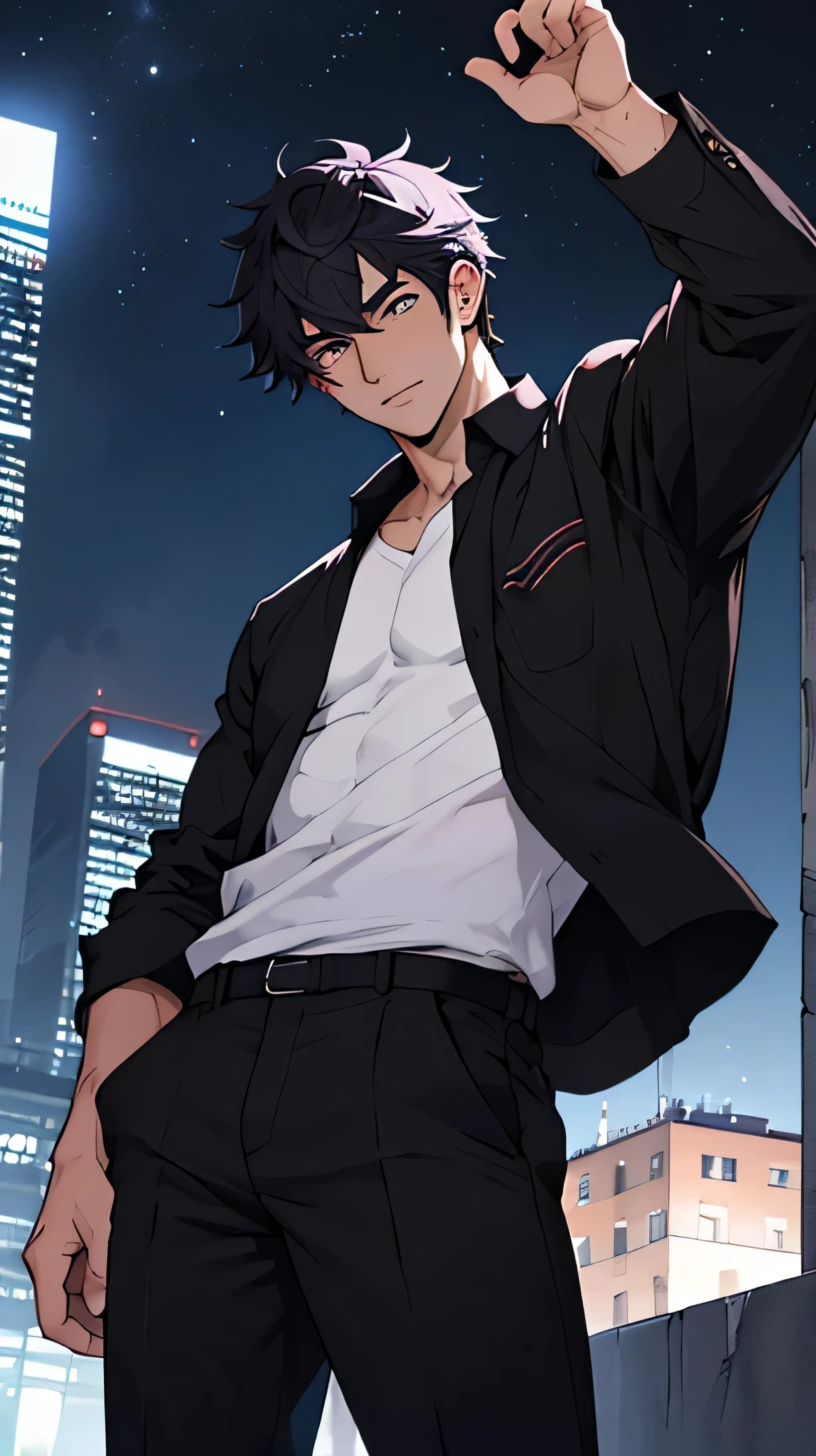 Draw a young man of 21 years old, a little muscular, looking up at the sky from the top of a building at night., el joven tiene un pelo morado largo que enta en puntas, sus ojos son de color morados y brillan de forma intensa, lleva una camisa blanca de mangas largas y por encima unachaqueta negra, tiene un pantalon negro y zapaton morados, el joven lleva una mirada confiada y una pose intimidante
