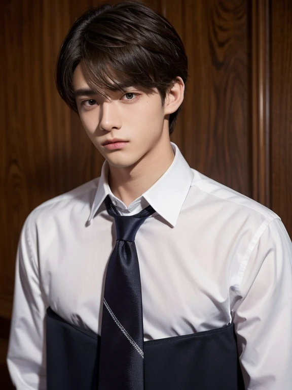 boy, 17 y.o, handsome, comma hair, long-sleeved shirt, tie, high school