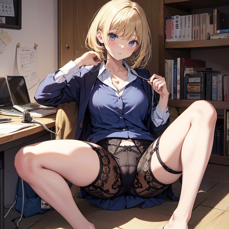 twins、Short haircut、Blonde、tits、office lady、garter belt、Open your legs while crouching、Perfect body、Love juice overflows
