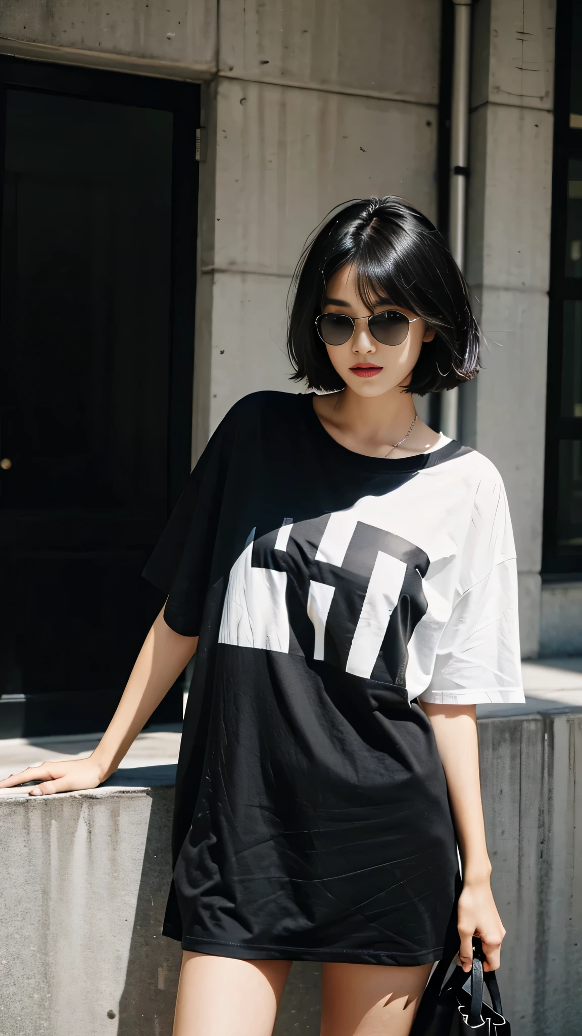 Girl in oversize t-shirt and short for photo、short hair, black hair、Slim girl model、18-year-old female model、Wearing black sunglasses
