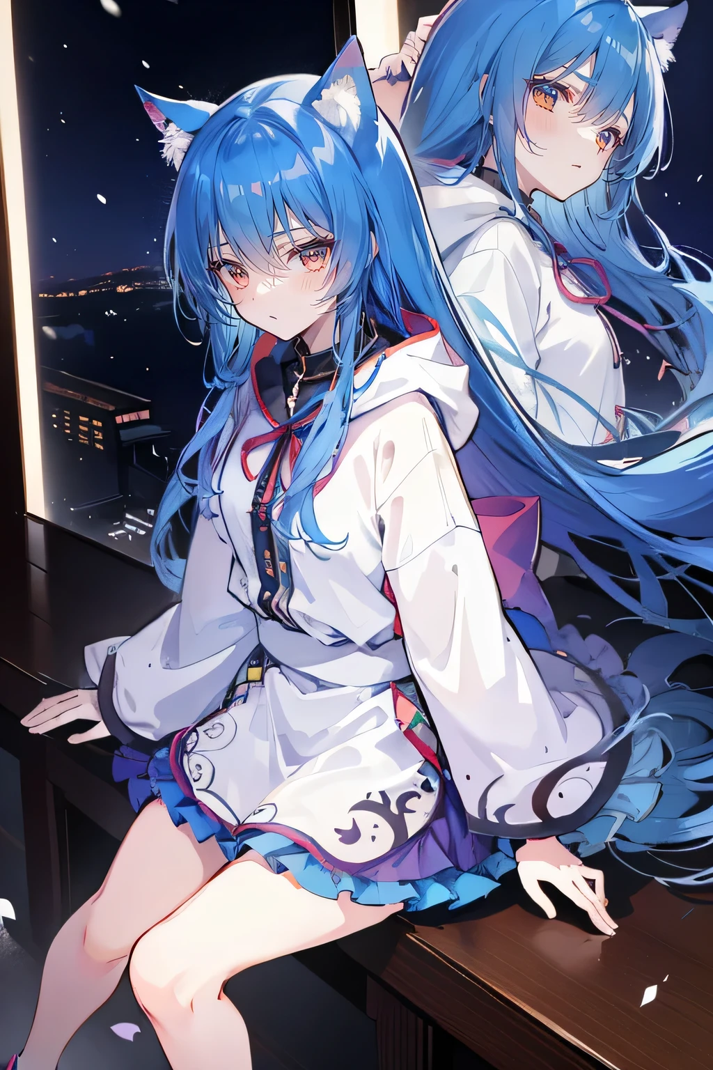 （masterpiece：1.2），Super detailed，lifelike，Expressive eyes，fair skin，perfect face shape，1 girl，
Japanese comics,Gorgeous blue hair,flowing blue hair,flowing clothes,Cat ears,Petals fall,beautiful lola,Baby Angel,
Shaking head with one hand，Cross your legs，Gentle and peaceful background，The pavilion is cool and comfortable,smile, wearing hoodie, background of tokyo,back views,snowing, winter,Looking down, disgusted expression.