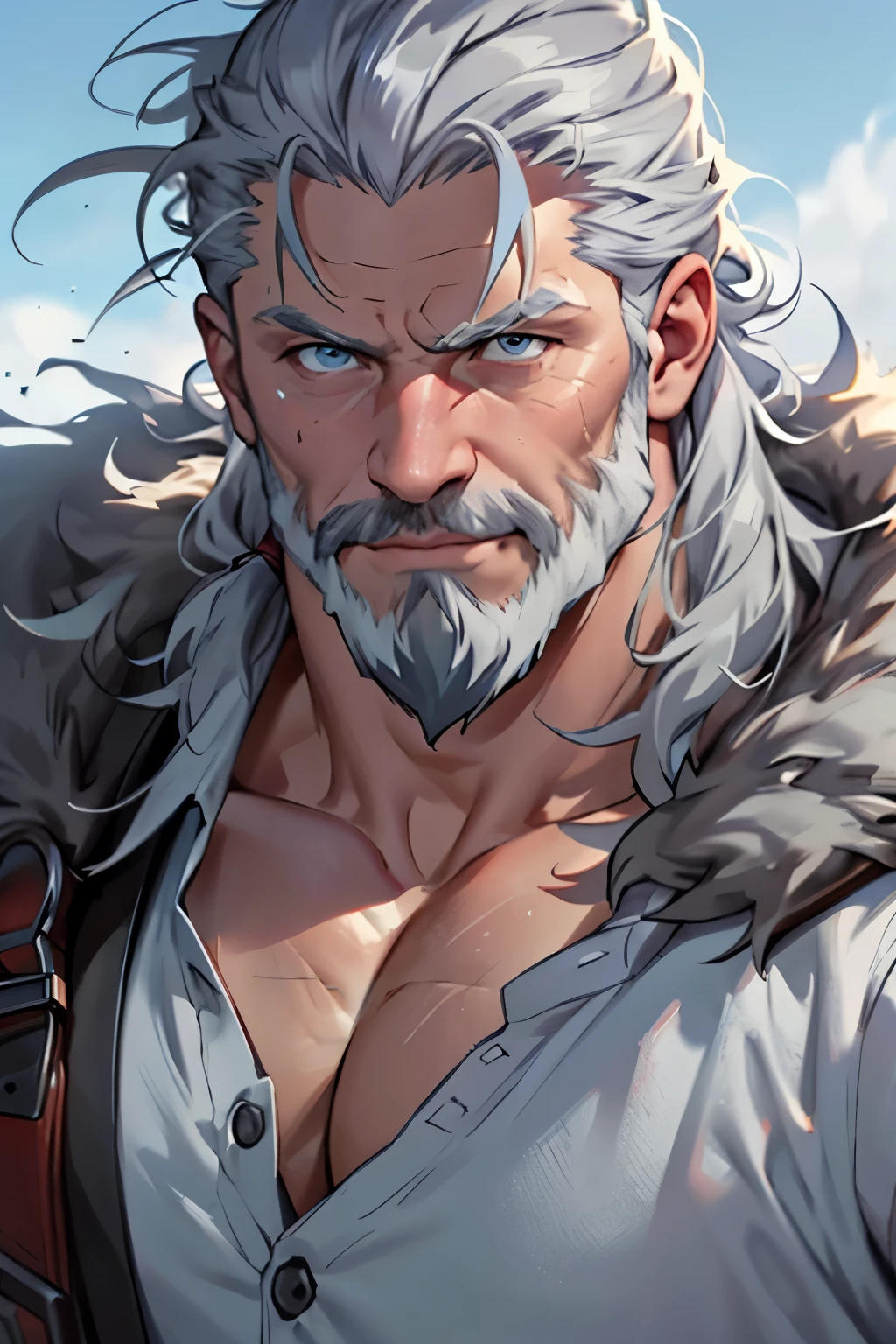 masterpiece, Best Quality, detailed, Cinematics, 4k, Viking-liked, Respectable, middle-aged, wrinkle, long grey hair, grey beard, grey mustache, blue eyes, handsome man, strong, brave, white shirt