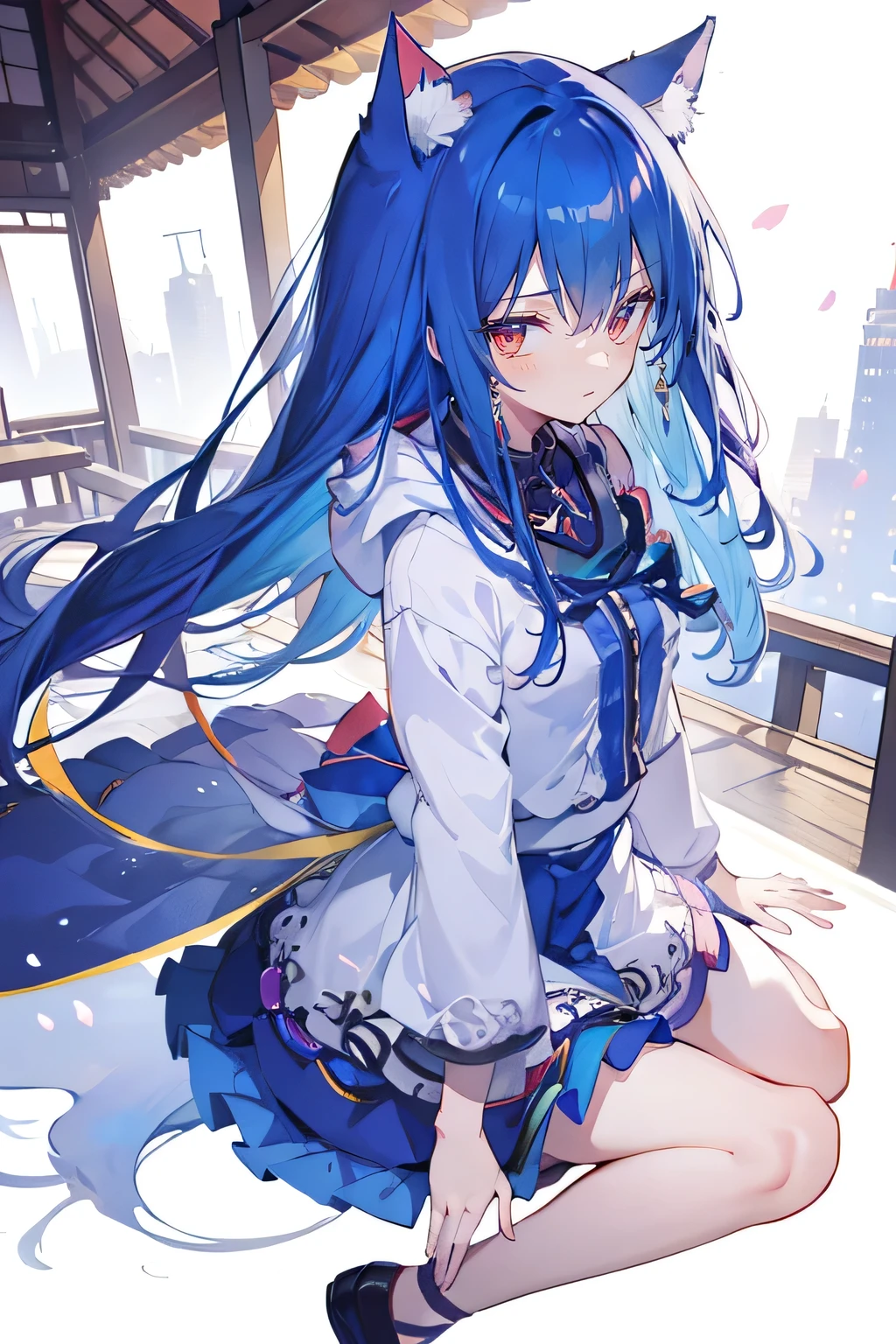 (masterpiece:1.2),Super detailed,lifelike,Expressive eyes,fair skin,perfect face shape,1 girl,
Japanese comics,Gorgeous blue hair,flowing blue hair,flowing clothes,Cat ears,Petals fall,beautiful lola,Baby Angel,
Shaking head with one hand,Cross your legs,Gentle and peaceful background,The pavilion is cool and comfortable,smile, wearing hoodie, background of tokyo,back views,snowing, winter,Looking down, disgusted expression.
