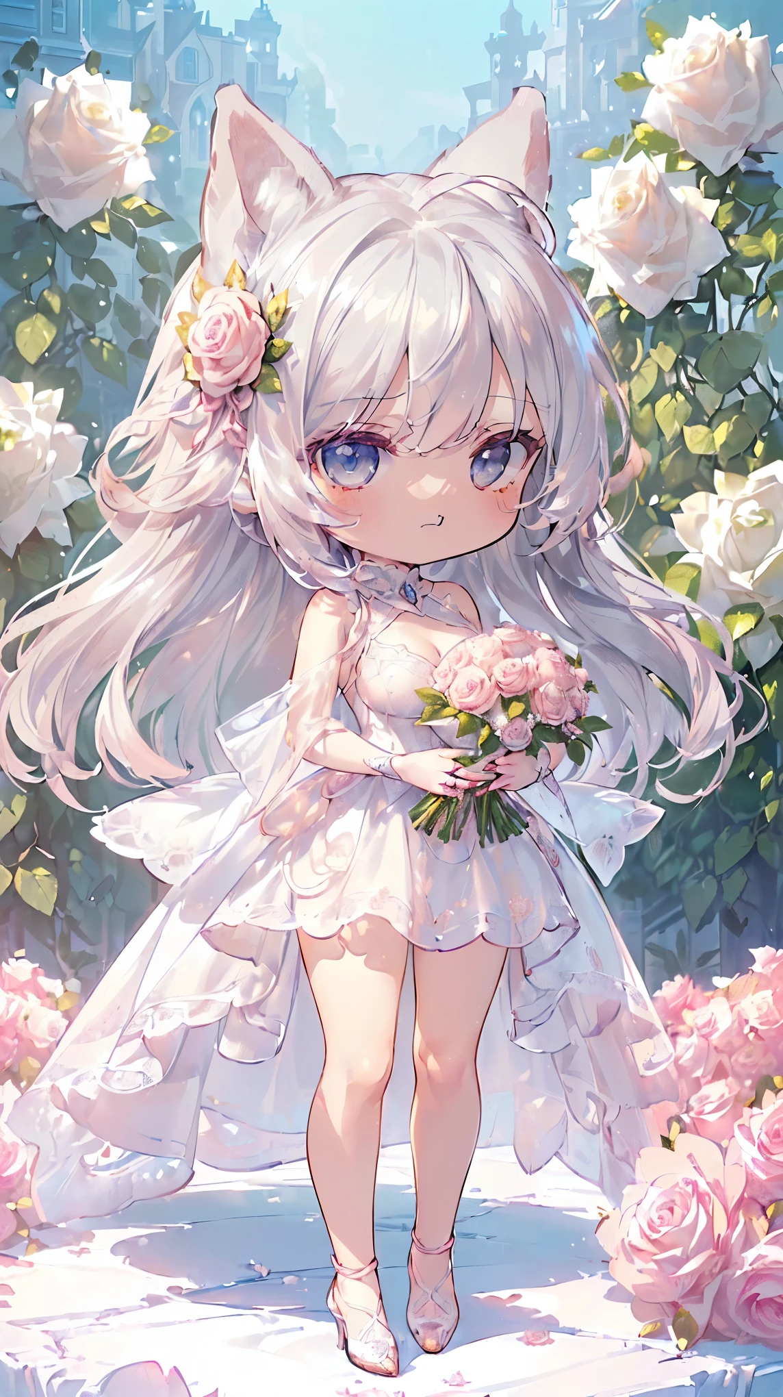 (((Masterpiece))), (((Highest quality))), ((Ultra-detailed)), ((Super fine illustration)), ((Ultra-fine painting)), (16K highest quality wallpaper:1.4), (Chibi:2.0), (Full body:1.4), (Highly detailed and delicate illustration style:1.8), Detailed skin texture, Detailed cloth texture, Detailed rose flower texture, Detailed wood texture, Extreme detailed description, (T-masterpiece), (Highly detailed face:1.4), Original, RAW photo, Professional, Intricate details, Super details, Direct light:1.6, (Perfect anatomy:1.4), (Highly detailed hands:1.2), (Highly detailed fingers:1.2), (Highly detailed fingertips:1.2), (27-years-old), Real, (Solo:1.6), ((A very beautiful and attractive silver fox female model:1.4))
BRAKE
(Beautiful and adorable silver fox ears:1.6), (Highly detailed and delicate silver fox ears:1.4), (Beautiful and well-shaped big breasts:1.2), (Beautiful and well-shaped buttocks), (Beautiful and shiny silver hair:1.6), (Highly detailed and delicate silver hair:1.4), (Beautiful clear blue eyes that shine with great detail:1.6), (Highly detailed and delicate blue eyes:1.2), (Highly detailed face:1.4), (Smile:1.4), (Looking at viewer:1.4), (Standing:1.4), (Celebration:1.4)
BRAKE
((A beautiful and gorgeous princess dress that is detailed and delicate to be worn at celebratory occasions:1.4))
BRAKE
((Holding in both hands a large bouquet of highly detailed and delicate ((white and pink roses)):1.3))
BRAKE
(Just after noon:1.4), (Celebration:1.4), ((Highly detailed and delicate white rose flower and pink rose flower garden background:1.4)), (Highly detailed and delicate royal palace courtyard background in just after noon in spring:1.4) BRAKE