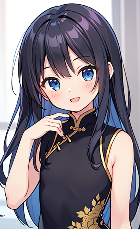 (masterpiece:1.4、top-quality、illustration:1.4,realistic、)、(character focus、,upper body:1.3)、(1girl),(happy smile:1.3),(cute),cute face,blue eyes、(cute)、
,(stand:1.4),(black long hair),
,(slender),（china dress:1.3),
(),(), (small breasts:1.3)、
、slender、