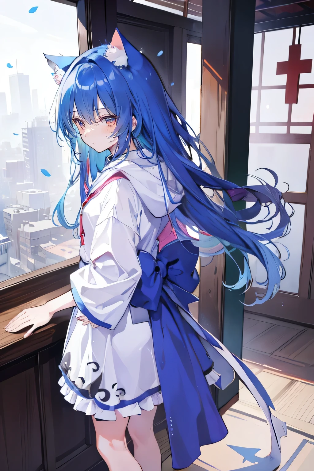 (masterpiece:1.2),Super detailed,lifelike,Expressive eyes,fair skin,perfect face shape,1 girl,
Japanese comics,Gorgeous blue hair,flowing blue hair,flowing clothes,Cat ears,Petals fall,beautiful lola,Baby Angel,
Shaking head with one hand,Cross your legs,Gentle and peaceful background,The pavilion is cool and comfortable,smile, wearing hoodie, background of tokyo,back views,snowing, winter,Looking down, disgusted expression.