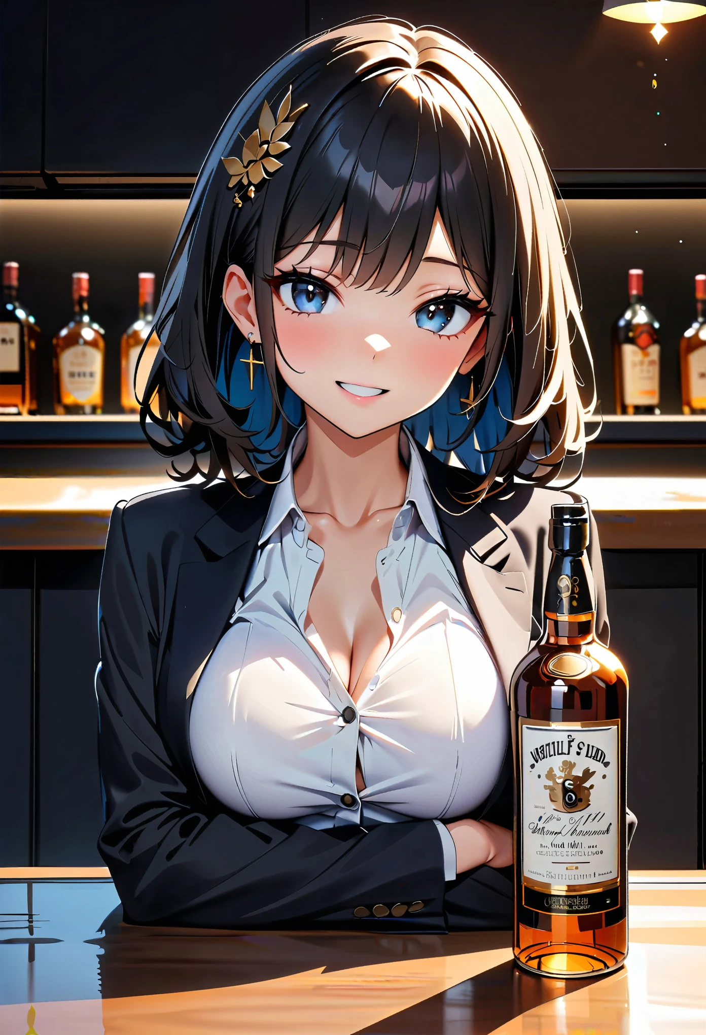 (high quality, 8k, 4K, High Contrast, masterpiece:1.2, 最high quality, Best aesthetics), ((1 female)), bar counter, Bottle of liquor, Very drunk woman, I got drunk, Beautiful and detailed eyes and face, An exquisitely crafted hair ornament, Real Skin Glow, pretty girl, Drunk girl, きれいに並べられたBottle of liquor, Luxury label, Atmospheric lighting, Dark color palette, 