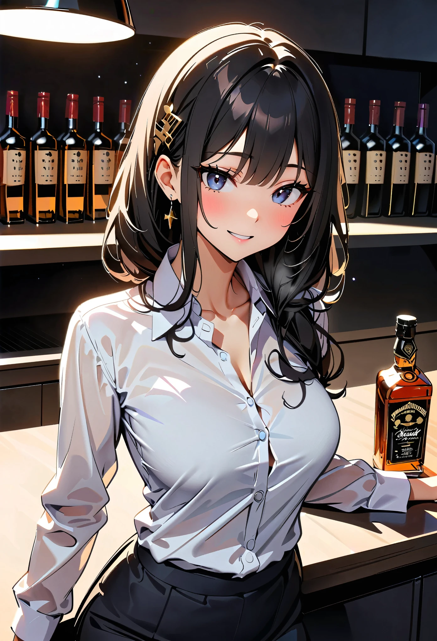 (high quality, 8k, 4K, High Contrast, masterpiece:1.2, 最high quality, Best aesthetics), ((1 female)), bar counter, Bottle of liquor, Very drunk woman, I got drunk, Beautiful and detailed eyes and face, An exquisitely crafted hair ornament, Real Skin Glow, pretty girl, Drunk girl, Business Dress, Office Dress, きれいに並べられたBottle of liquor, Luxury label, Atmospheric lighting, Dark color palette,