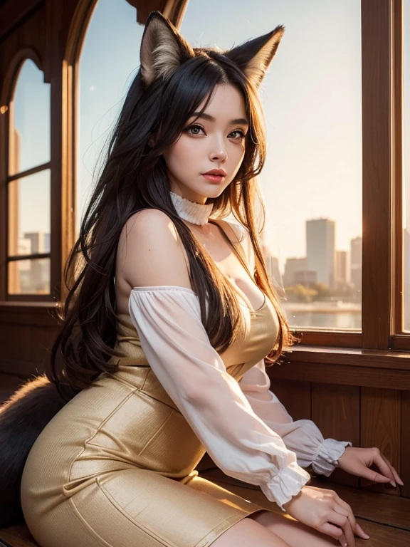 ((highest quality, 32k)), ((masterpiece)), (Get used to it), Perfect Face, Fox Girl, Beautiful woman, public, Has a tail, She has a fox's tail, She wags her fluffy tail, smile, Dog collar, She is wearing a dress, Beautiful hip line, A tail sticking out from the skirt of a dress, Big Ass, Tail on the buttocks