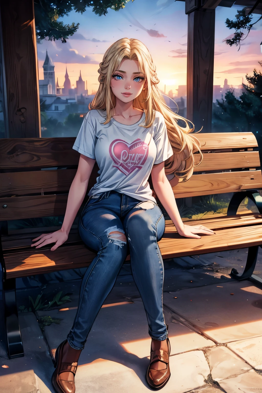 one girl, ((full body)), solo, 18-year-old blonde beauty, pale blue eyes, carefree demeanor, delicate frame, long blonde hair cascades down her back, her hair are framing her heart-shaped face, eyes hold a sparkle of excitement, wonderful smile, sitting on bench in park, checking her phone, ripped jeans, pink t-shirt, (cinematic lighting, perfect lighting), (vivid colors), very detailed. very high resolution, sunset, realism