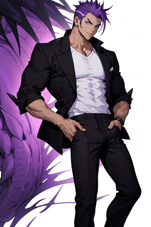 Anime, Muscular Man, Long Spiky Purple Hair, Bright Purple Eyes, Black Jacket and a White Shirt Inside, Black Pants