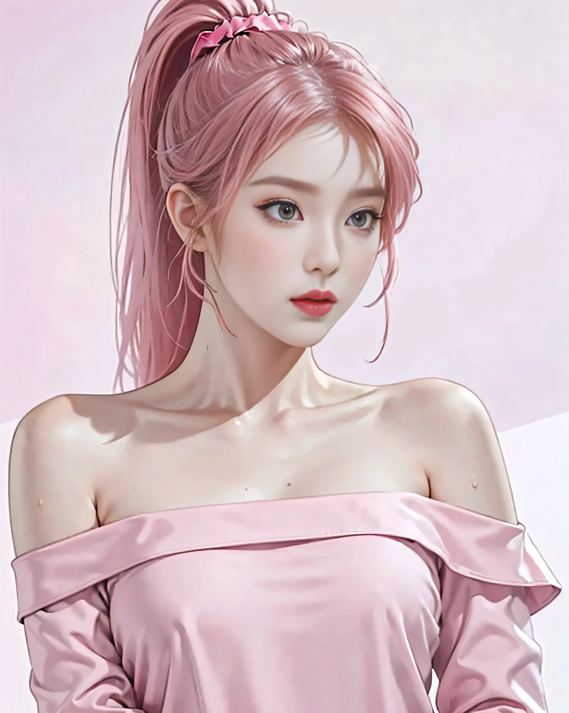 masterpiece, highest quality, 1 girl, naked shirt, shirt tug, shirt, off shoulder, ponytail, Sweaty armpits, Large and big boops, perfect body, look at viewer, pink hair, pretty dress, wear black pretty dress, sweet, kawai, real, 