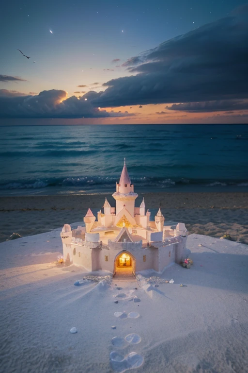 Castle, flowers, delicate scene, sky, white clouds, and sunlight shine on the snow-white beach. birds, pink flowers and bright big shells, diamond crystal, on the beach, fantasy, night sky, moon, smoke, fire, photo, HD, 8K, UHD, super detail, high quality, 1080P