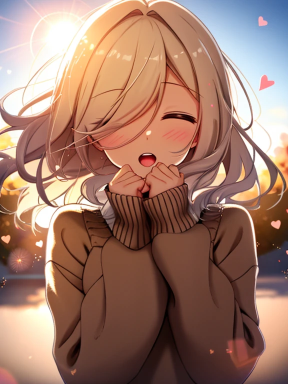 girl, Wear a cozy sweater, Upper Body, (LOL:1.1), (Open your mouth:1.1), (Eyes Wide Open:1.2), Sun glare, Bokeh, Depth of written boundary, Blurred Background, Particles of light, Strong winds, (Heart Particles:1.1)