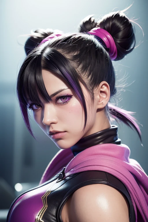 Juri Han, Street Fighter(Master Parts, highest quality, Ultra-detailed, Best shade), (Detailed Background, View the viewer, Severe, Irritated), Detailed face, (Best lighting), ((Cinematic Light)), colorful, Hyper Detail, Dramatic Light, Intricate details
