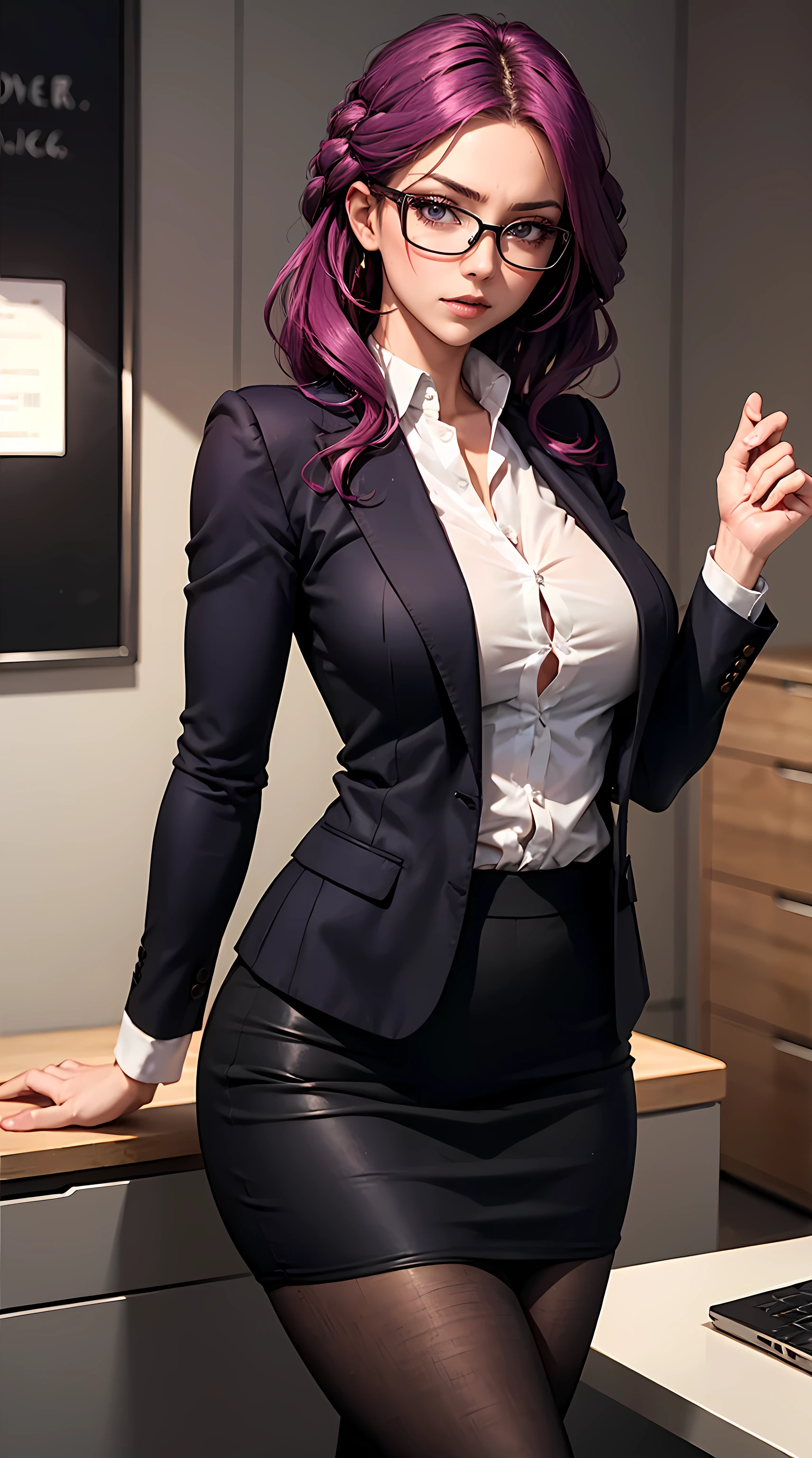 Beautiful purple hair woman is shown to have a sexy figure, she is wearing a sexy office blazer with skirt and pantyhose, glasses, sexy look, purple eyes, girl in a office ,sexy session, sexy pose, cowboy shot, superior quality, many details, realistic