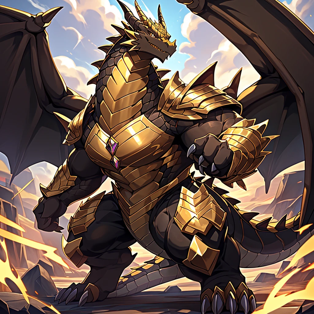 (The tyrannical and powerful Dark Gold Dragon King，Wearing modern black and gold armor and black tights，Inlaid with dark gold gemstones：200)，Strong physique的龙形恶魔，(Large dragon body，Huge chest，Majestic wingspan，Sharp and huge dragon claws，Thick iron tail，Sharp dragon scales，The huge dark gold dragon king：2)，Strong physique，(Sharp dark golden scales，Very tight crotch，Mighty dragon-shaped demon：2)，Dragon legs apart，Dragon wings unfold，The dragon's claws open，Excited grin，Huge mount，Overwhelming presence，Full body picture，Very detailed，4k HD