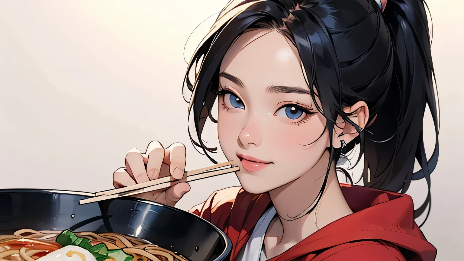 8k, Best Quality, Ultra HD, 1 Female, 1980s Pop Culture Anime Style, 21 Years Old, (Masterpiece, High Definition, Details), Chips \(Food\), , Red Hoodie (Real as Picture: 1.4) , (Famous Japanese actress:1.2), very beautiful, cute, professional photo, very delicate and beautiful, very detailed, very detailed beautiful girl, very detailed face, very detailed eyes, very detailed skin, very detailed fingers, very detailed nose, very detailed mouth, perfect anatomy, realistic body, fair complexion, shiny skin, slender body, good figure, looking at viewer, smile, cute smiling face (black hair) , (Ponytail, Headphones,), (Surrealistic), (Drawing), (High Resolution), (8k), (Highly Detailed), (Best Drawing), (Beautiful and Big Eyes), (Best Quality) , (Super detailed), (Ramen shop)(((holds bowl))), (((top quality))), (((one girl))),((holds chopsticks)) eating ramen slurping noodles,