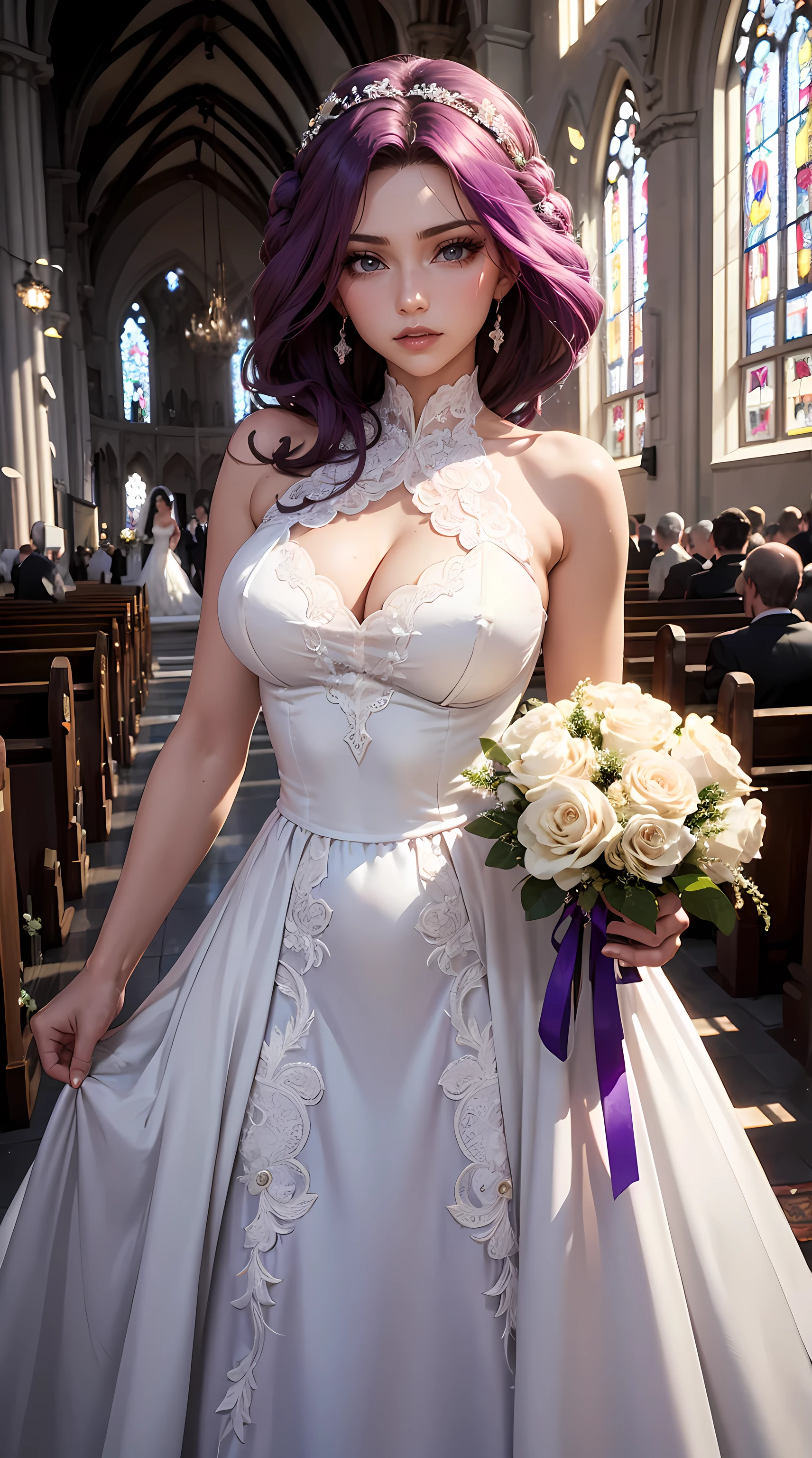 Beautiful purple hair woman is shown to have a sexy figure. She is wearing a  beautiful  detailed wedding dress , jewelry, holding a bouquet of flowers, she has purple eyes, Girl standing in a church aisle, sexy session, front facing viewer, cowboy shot, superior quality, many details, realistic