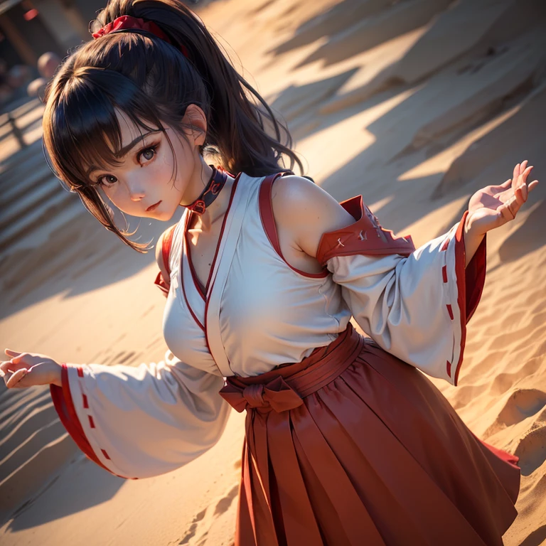 (((medium full shot))), (Masterpiece, best quality, ultra-detailed:1.3), (nice hands, perfect hands), official art, cinematic light, (1girl:1.3), adult, (vivid colors, flat color, shading), high ponytail, divine, choker, happy, miko, hakama, long long sleeves, detached sleeves, red skirt, outdoors, ruins, dirt, sand, sweat, exhausted