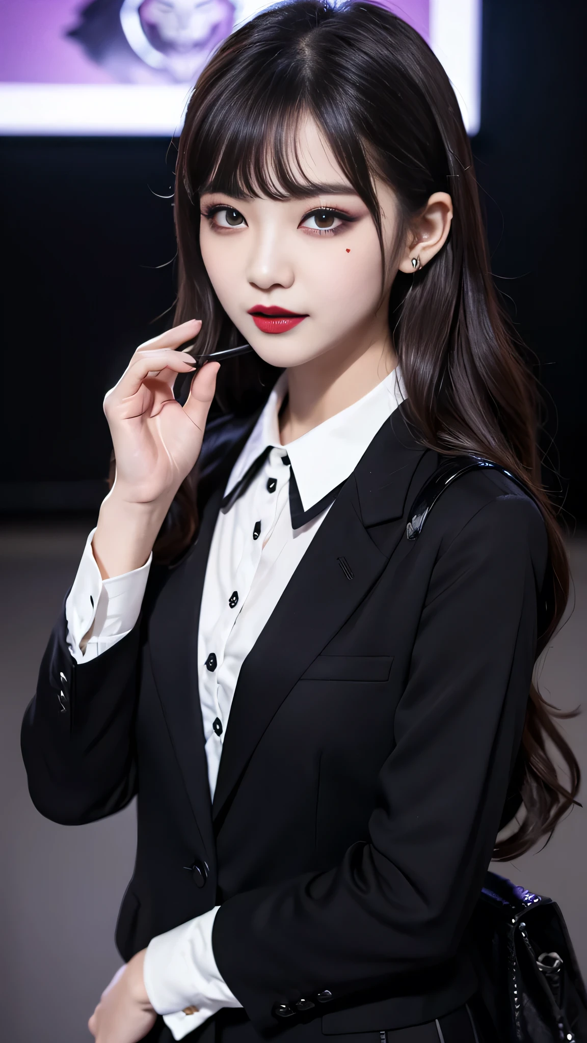 best quality、ultra-detailed、4k、Japanese、Seductive beauty、seductive adult woman、Pretty Woman、cool girl、Villainess、Brainwashed、brainwash、Fallen into evil、smirk、Evil look、Wicked Smile、evil、Brown hair、wavy hair、swept bangs、dark makeup、dark makeup、piercing eyes、hollow eyes,half-closed eyes、Hollow Eyes、purple Eyeshadow、black lipstick、black lipglos、uniform、blazer、White Shirt、Black Ribbon、flare skirt、night、inside school、Have lipstick、Emblem of Evil、Crest of Darkness、Swear allegiance、I have pledged my allegiance、Dye black、Blackening、Stained with evil、Dyed in darkness、
