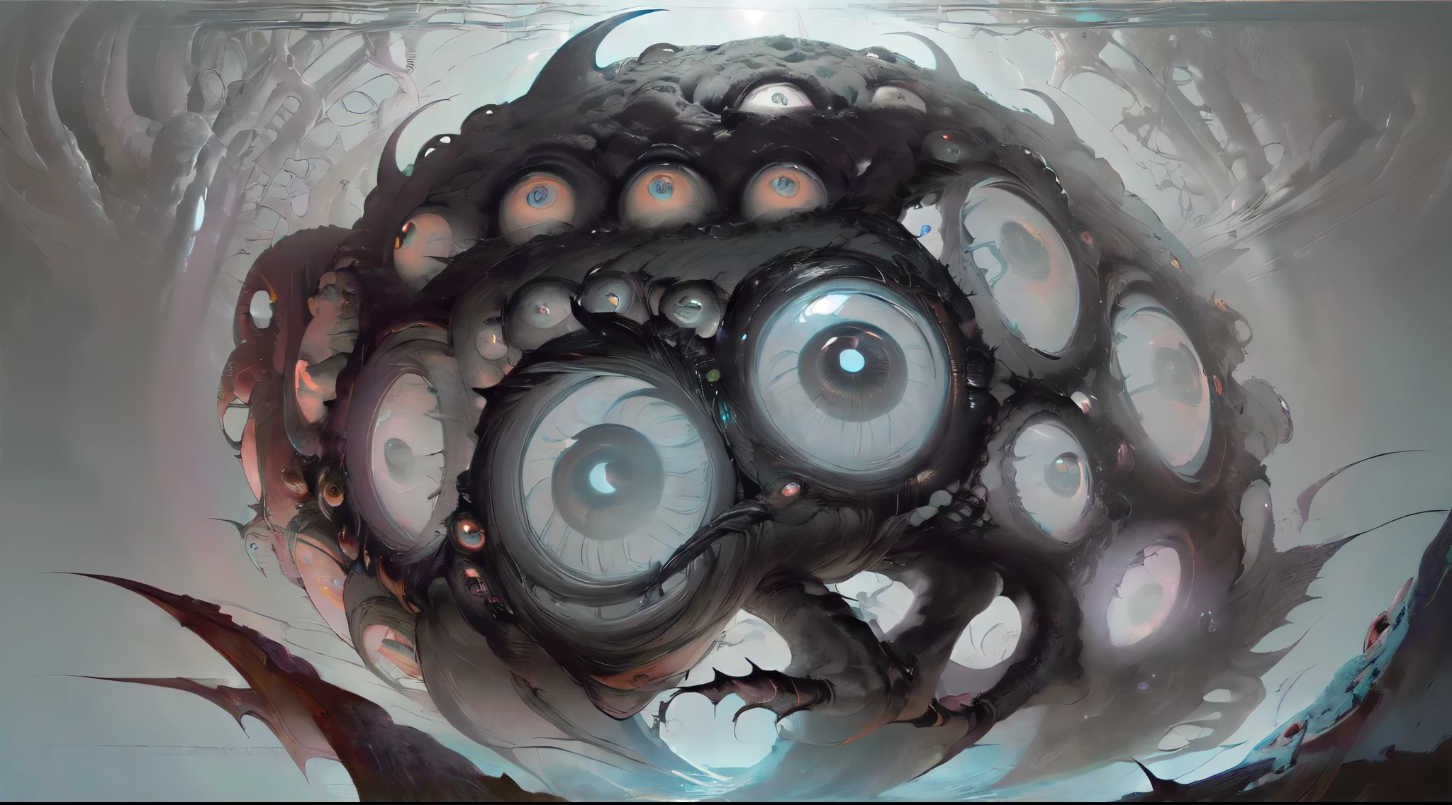 (masterpiece, best quality, fullscreen), [(full body:0.1)::0.2] (photo of a Precise mind control [magical being:creature:0.2]:1.3), (Old World Equine body with Amphibian head and with many Four-Fingered Hands:1.4), (many many Compact very glowing Gray eyes:1.7), (staring at the viewer:1.3), (huge visible brain:1.5), , (Opaque Mesmerizing skin texture:1.6, (Intense Turquoise Ethereal Light lighting:1.5), (background in dreamy kingdom with A gate guarded by mythical creatures, such as majestic dragons or graceful unicorns and Creating Illusions on a Larger Scale:1.3), (manyeyedhorrorai:1.0), (saturated [light blue|pure white] global lighting:1.4), Cu73Cre4ture, (abstractmonster:1.2), (Full body Shot, Shallow Focus Shot, Low Angle Shot:[1.2:0.5:0.1]), heavily detailed, (asymmetric composition:1.6), (sharp focus), fakemtg, intricate, elegant, highly detailed, centered, digital painting, artstation, concept art, smooth, sharp focus, illustration, artgerm, adam bosch, WLOP
