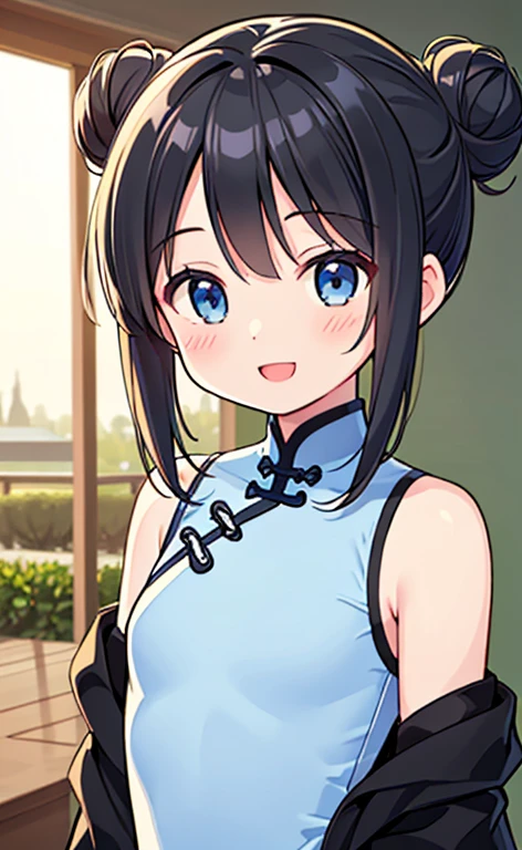 (masterpiece:1.4、top-quality、illustration:1.4,realistic、)、(character focus、,upper body:1.3)、(1girl),(happy smile:1.3),(cute),cute face,blue eyes、(cute)、
,(stand:1.4),(black hair bun),
,(slender),(china dress:1.3),
(),(), (small breasts:1.3)、
、slender、