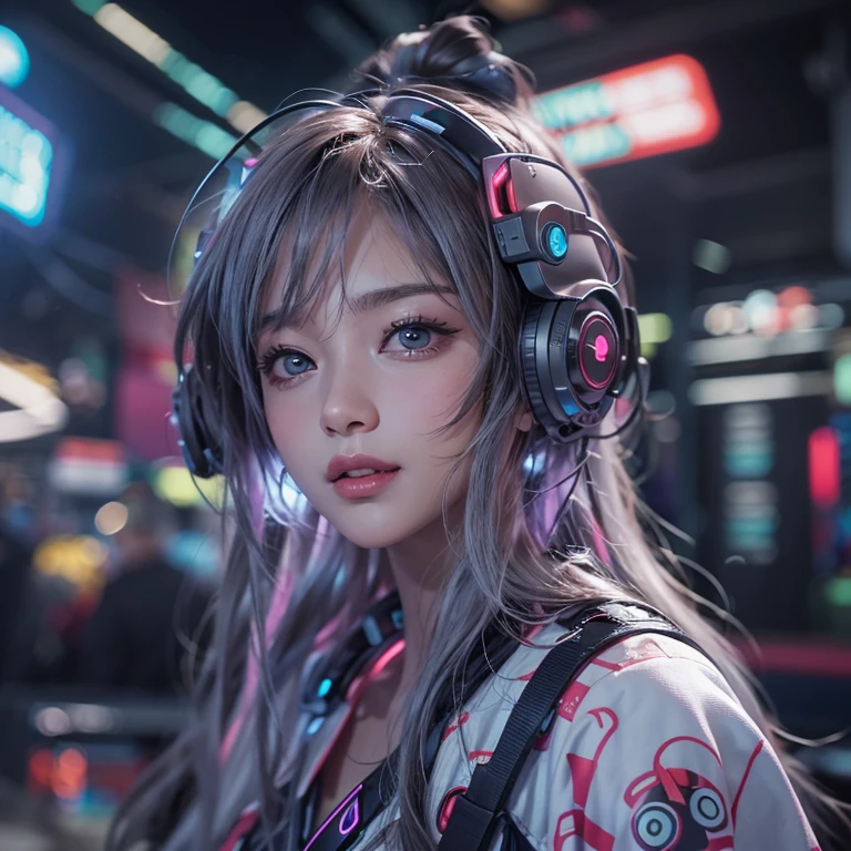 futuristic space、Hair flows、 ((highest quality、masterpiece、8k、best image quality、ultra high resolution、Award-winning work)、(accurate ???????:1.1)、(look at me and smile:1.1)、Shining fair skin with ultra high resolution、most detailed face、ultra high resolution detailed face、ultra high resolutionの髪の毛、(ultra high resolutionの煌めく瞳:1.1)、Beautiful face drawn in every detail、(blurred background:1.1)、cyberpunk costume :1.3, chest together, diva singing microphone、