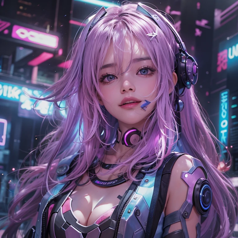 futuristic space、Hair flows、 ((highest quality、masterpiece、8k、best image quality、ultra high resolution、Award-winning work)、(accurate anatomy:1.1)、(look at me and smile:1.1)、Shining fair skin with ultra high resolution、most detailed face、ultra high resolution detailed face、ultra high resolutionの髪の毛、(ultra high resolutionの煌めく瞳:1.1)、Beautiful face drawn in every detail、(blurred background:1.1)、cyberpunk costume :1.3, chest together, diva singing microphone、