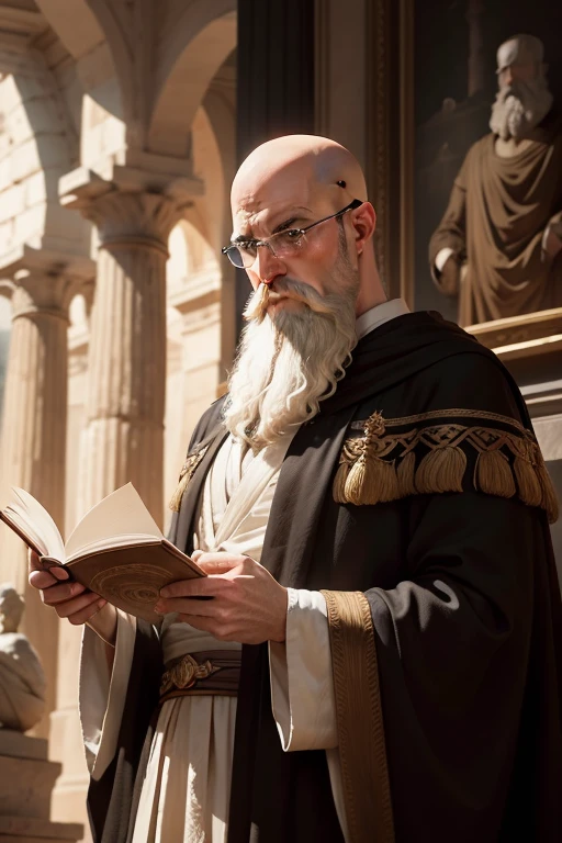 In the heart of ancient Athens, the renowned playwright Aeschylus stands as a towering figure of wisdom and creativity. His bare scalp catches the sunlight, a gleaming testament to the passage of time and the mark of his distinctive appearance. Dressed in flowing of deep crimson, his commanding presence emanates an aura of both gravitas and artistic passion.
Aeschylus' bald head is a canvas etched with the lines of countless stories, each one reflective of his profound understanding of the human experience. His strong features exude a timeless elegance, his intense gaze revealing the fire of inspiration that burns within him. As the wind rustles through his robes persona exudes a sense of authority and creativity interwoven with the essence of his craft.
Amidst the bustling streets of Athens, Aeschylus finds solace in quiet corners where he can contemplate and allow his imagination to flourish. The absence of hair atop his head serves as a distinctive trademark, one that sets him apart as a figure of intellectual and artistic prowess. His presence commands attention, his aura a magnet for aspiring poets, playwrights, and thinkers eager to glean insights from his profound perspectives.
Surrounded by the whispers of ancient scrolls and parchment, Aeschylus' bald head becomes a symbol of his unwavering commitment to storytelling and exploration of profound themes. Quills and inkpots sit ready at his side, poised to translate the musings of his fertile mind onto the pages of history. His interactiolow citizens reflect a humble confidence, a or that carries the weight of knowledge accumulated over a lifetime of creative expression.
Within the hallowed theater, Aeschylus' bald head becomes a focal point of attention, a beacon guiding both actors and audience through the intricate tapestry of his plays. As he delivers his words with a voice that resonates like the echoes of ancient chants, the bald expanse of his head is illuminated by the f