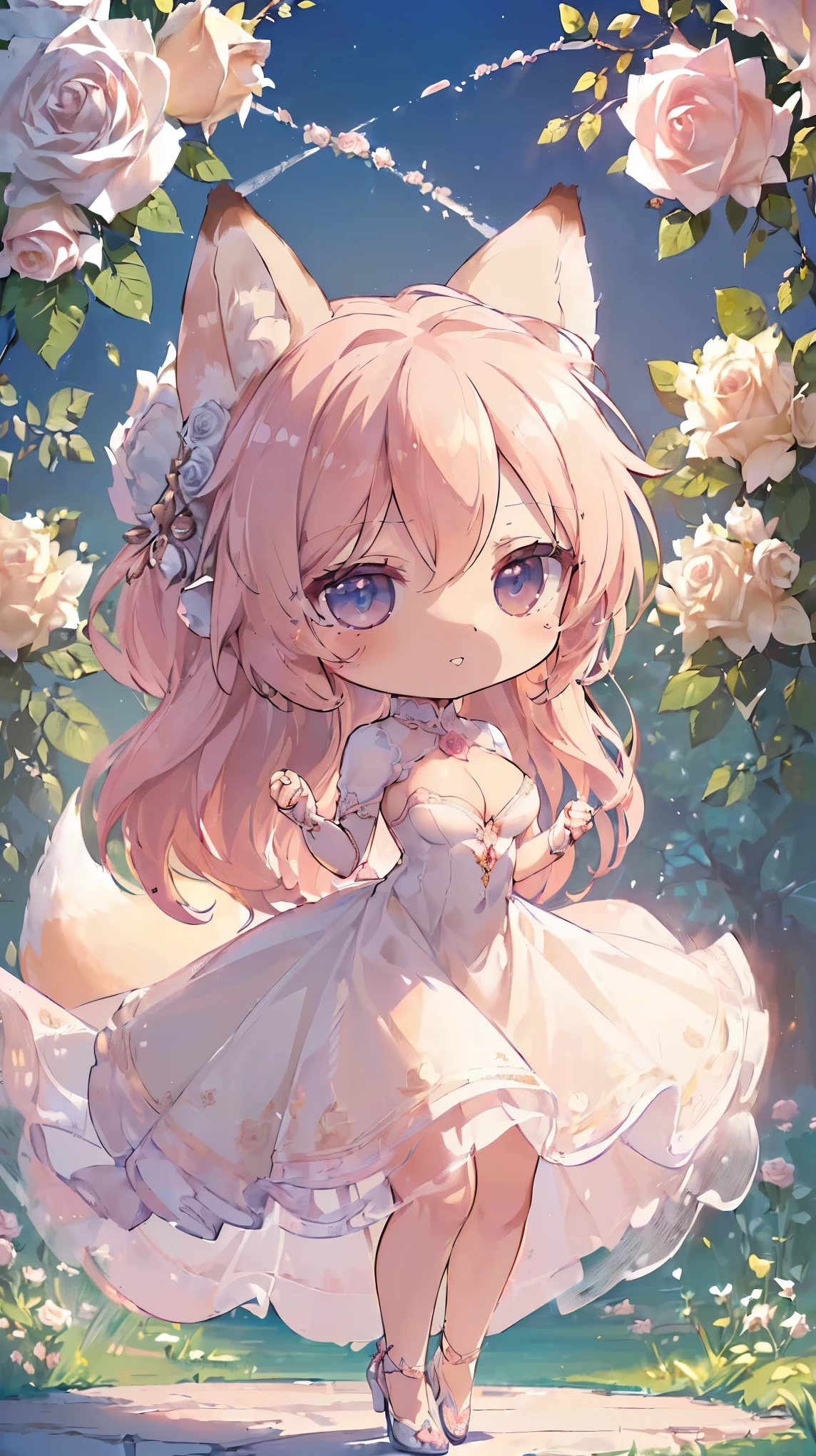 (((Masterpiece))), (((Highest quality))), ((Ultra-detailed)), ((Super fine illustration)), ((Ultra-fine painting)), (16K highest quality wallpaper:1.4), (Chibi:2.0), (Full body:1.4), (Highly detailed and delicate illustration style:1.8), Detailed skin texture, Detailed cloth texture, Detailed rose flower texture, Extreme detailed description, (T-masterpiece), (Highly detailed face:1.4), Original, RAW photo, Professional, Intricate details, Super details, Direct light:1.6, (Perfect anatomy:1.4), (Highly detailed hands:1.2), (Highly detailed fingers:1.2), (Highly detailed fingertips:1.2), (27-years-old), Real, (Solo:1.6), ((A very beautiful and attractive fox fashion model:1.4))
BRAKE
(Beautiful and adorable fox ears:1.6), (Highly detailed and delicate fox ears:1.4), (Beautiful and well-shaped big breasts:1.2), (Beautiful and well-shaped buttocks), (Beautiful and shiny golden brown hair:1.6), (Highly detailed and delicate golden brown hair:1.4), (Beautiful clear blue eyes that shine with great detail:1.6), (Highly detailed and delicate blue eyes:1.2), (Highly detailed face:1.4), (Smile:1.4), (Looking at viewer:1.4), (Standing:1.4), (Celebration:1.4)
BRAKE
((A beautiful and gorgeous princess dress that is detailed and delicate to be worn at celebratory occasions:1.4))
BRAKE
((Holding in both hands a large bouquet of highly detailed and delicate ((white and pink roses)):1.3))
BRAKE
(Just after noon:1.4), (Celebration:1.4), ((Highly detailed and delicate white rose flower and pink rose flower garden background:1.4)), (Highly detailed and delicate royal palace courtyard background in just after noon in spring:1.4) BRAKE