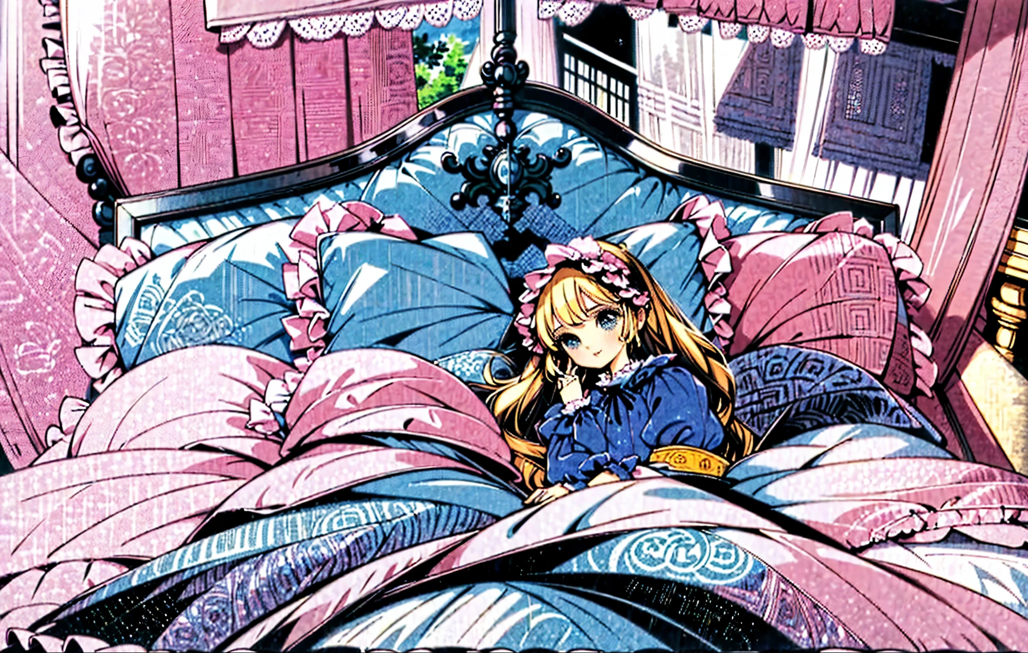 ,highest quality, masterpiece, Highest Resolution, artwork, super それにGet used to it, many Get used to it, Get used to it, それにGet used to it, ,(( 10 year old girl)),Super detailed baby face,high quality small face,Long blonde hair,blue eyes,白い肌のEuropean,pajamas, European,Curly Hair,blue eyes,((((ピンクのロリータファッションのLong skirtのワンピースドレス)))),((フリルとリボンがたっぷりついたピンクと黒のの可愛らしいpajamas)),((A gorgeous pink and black headdress with frills and ribbons)),Detailed headdress,,(((Large yoke collar))),Yoke collar with ruffles and bow,((((Long sleeve)))),Ruffle sleeves,((((Long skirt)))),Pink and black pillow with big ruffles and ribbons,(((Nice pink outfit))),豪華なCanopy bedの上,Canopy bed,The bed is surrounded by luxurious curtains.,There are lots of pink and black frilly pillows on the bed,Behind the girl are a number of pink and black frilly pillows...,Highly detailed background,Detailed bed,Soft pink and black comforter,Very fine soft frilly pillow,Beautiful girl illustration,Beautiful face in every detail,Thinning hair,Detailed eyes ,Detailed eyess,Mouth details, Arm details,Beautiful Hands,Detailed pillow,Large bed,Illustration on the bed, ,((((Round futon)))),((((A large pink and black ruffled quilt covers the entire bed.)))),Detailed comforter,Detailed bedシーツ,Before bedtime,Romantic atmosphere,Palace Bedroom,((((The lower half of the body is hidden under a large blanket.....)))) The girl is leaning against a pile of pillows, ,((((Round futon)))),((((A large pink and black ruffled quilt covers the entire bed.)))),