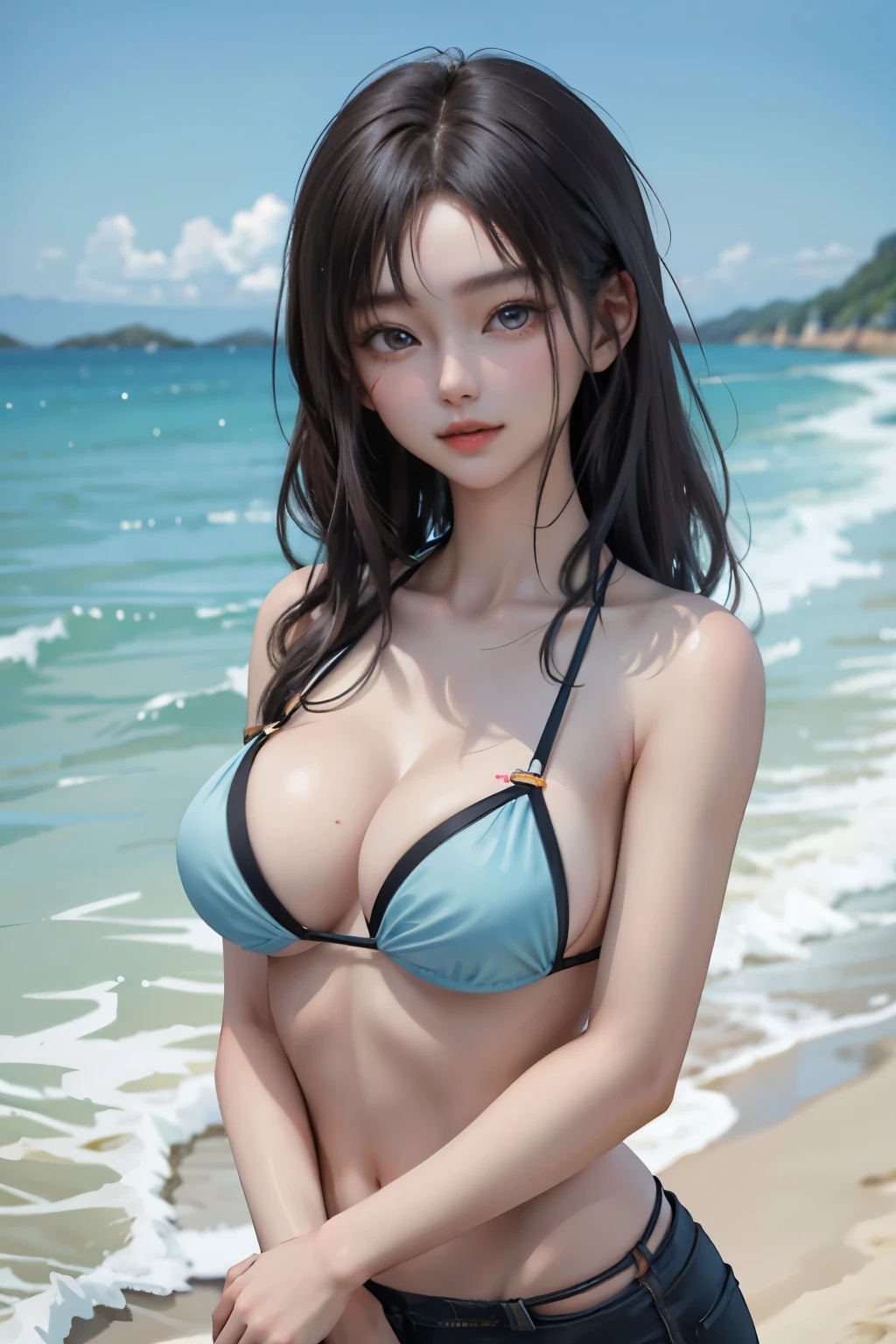 (masterpiece:1.2, highest quality), young woman、Gravure idol、Beach、bikini、Big Breasts、Perfect beauty、The cutest in the world、Second dimension beautiful girl