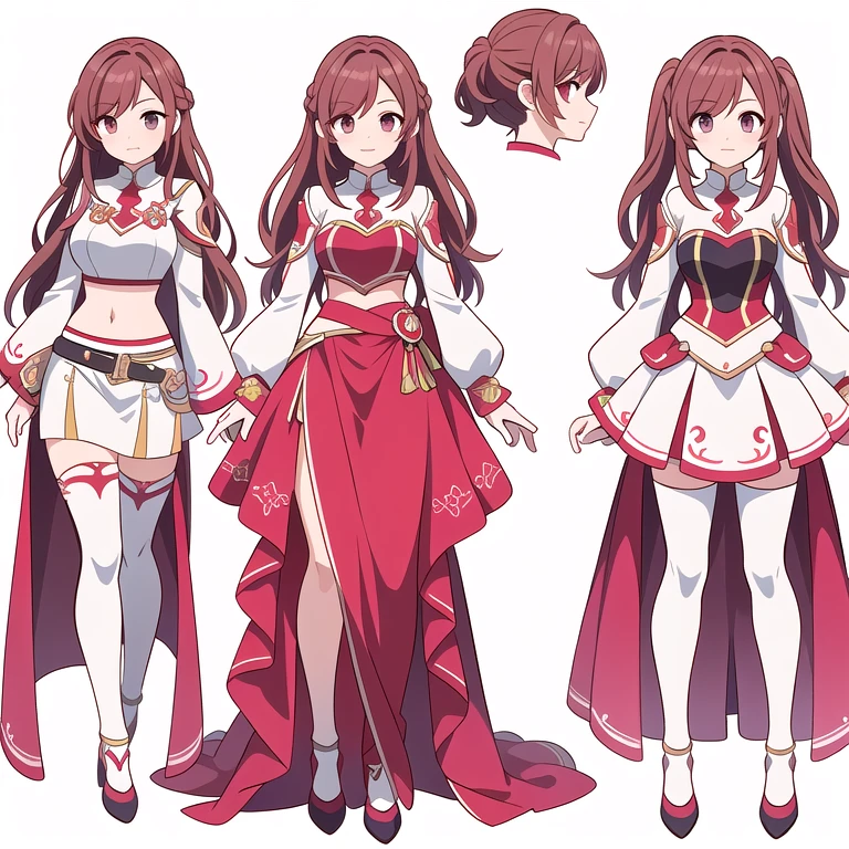(((Best Quality))) , ((full body)), 4 lady, multiple views, white background, variety of hairstyles, (((Best Quality))) , ((full body)), An adult female, reference sheet, solo, (white background), Knights of the Zodiac girl outfits, midriff, red theme,