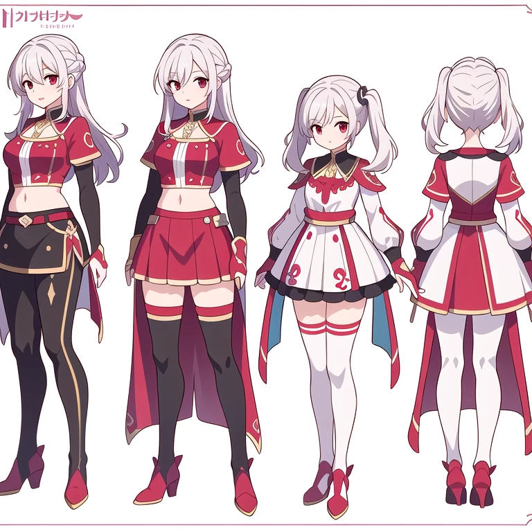 (((Best Quality))) , ((full body)), 4 lady, multiple views, white background, variety of hairstyles, (((Best Quality))) , ((full body)), An adult female, reference sheet, solo, (white background), Knights of the Zodiac girl outfits, midriff, red theme,

