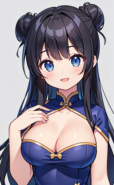 (masterpiece:1.4、top-quality、illustration:1.4,realistic、)、(character focus、,upper body:1.3)、(1girl),(happy smile:1.3),(cute),cute face,blue eyes、(cute)、
,(stand:1.4),(black hair bun),
,(slender),(china dress:1.3),
(),(), (large breasts:1.3)、
、slender、