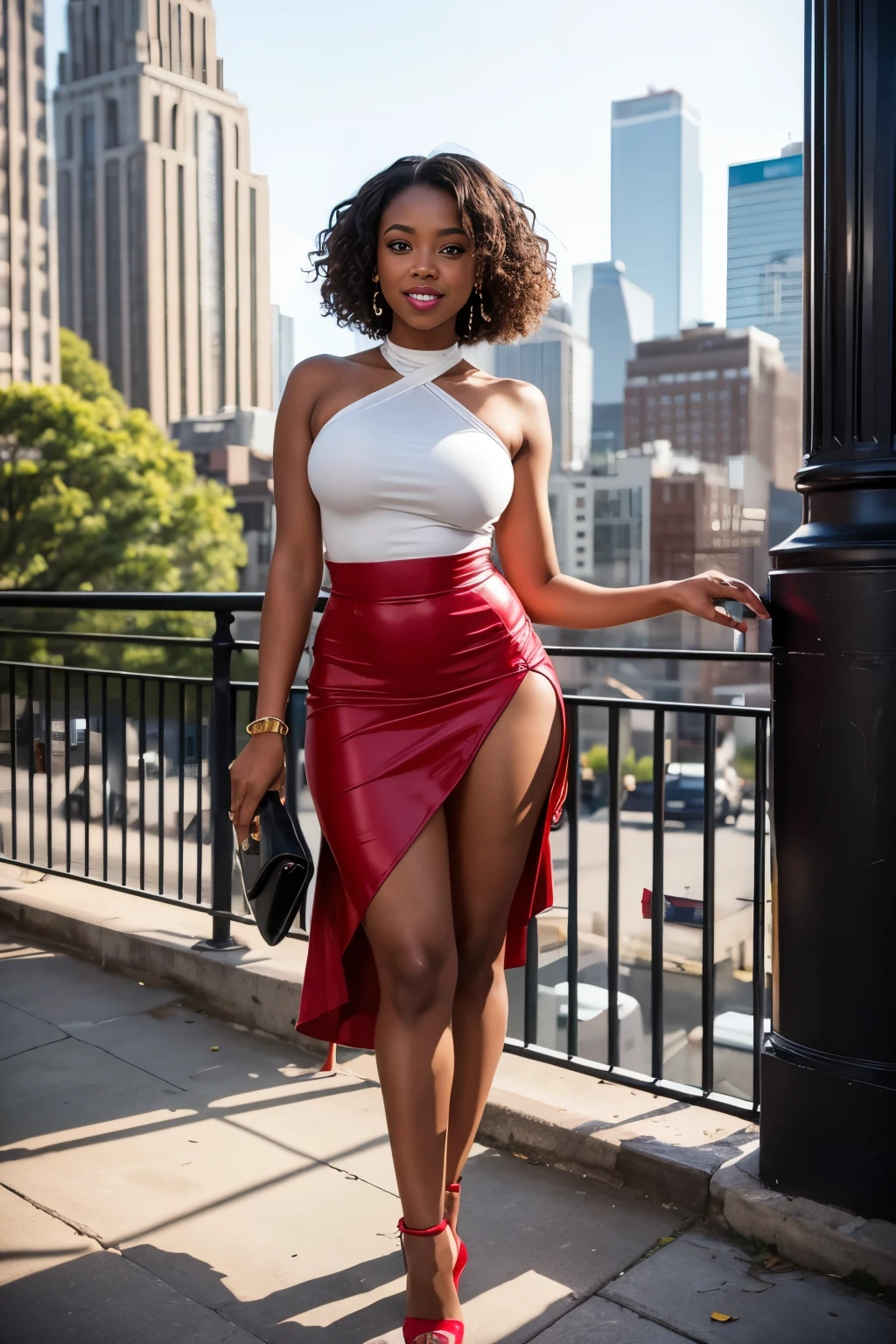 RAW, Best quality, high resolution, Masterpiece: 1.3), Sexy black woman in skirt (iu:0.8),
Best quality, high resolution, Masterpiece: 1.3, Beautiful sexy black girl in skirt, Masterpiece, Seductive smile, Realistic, 1girl, Alluring eyes, shimmering eyes, parted lips, full hips, Sexy adult woman in skirt, mid-length, hourglass figure, aesthetics of the female body, exotic, captivating, wearing red lipstick, high heels, fishtail skirt, detailed clothes, voluminous curls,Cityscape background, warm sunlight, vibrant colors, urban jungle, ne