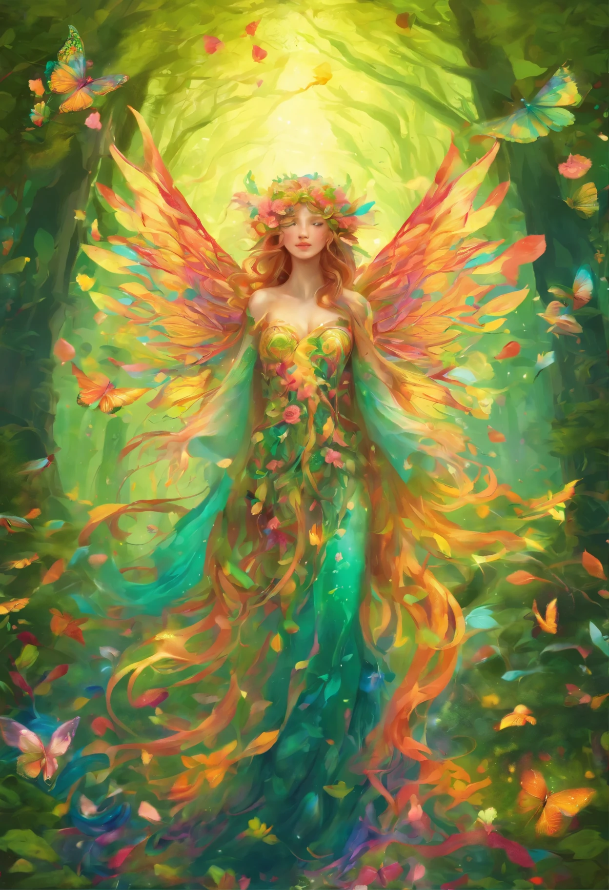 (highest quality,4K,8k,High resolution,masterpiece:1.2),Very detailed,(Realistic,photoRealistic,photo-Realistic:1.37),A forest spirit with glowing wings, Made of leaves and nature,Mysterious glow,Pure,Majestic,green,Dreamy environment,Magic enchantment,delicate and intricate leaf pattern,,,Harmony with the surroundings,Sunlight reflected on the wings,Glowing in the dark,Calm and elegant posture,Evoking the forces of nature,A little dew on the wings,Soft and gentle color palette,An atmosphere of mystery and enchantment,A touch of magic in the air,The whispering wind and the rustling leaves,Connection with trees and plants,A strong connection to the forest,Full of natural energy,Pure美しさと無邪気さ,evoke a sense of wonder and awe,Graceful and smooth movements,Natural and organic aesthetic,The Beings of Heaven and Spirit,Sunlight filtering through the forest canopy,Fairy-like features,Wisdom and Ancient Aura,Charmed、Untouched Forest Kingdom,Step by Step、Every time I flap my wings, Magic is born,Delicate and ephemeral,Illuminating the darkest corners of the forest,Close bond with forest animals and creatures,peaceful and calming atmosphere,Deep harmony between nature and nymphs,Whisper the secrets of the forest,Each leaf is intricately designed、Vibrant,An overwhelming sense of calm and serenity,A lively and playful spirit.