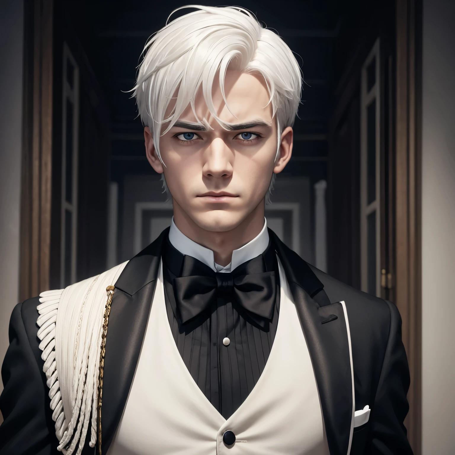 Male, Butler, White cream Hair, pitch black Eyes, stoic face