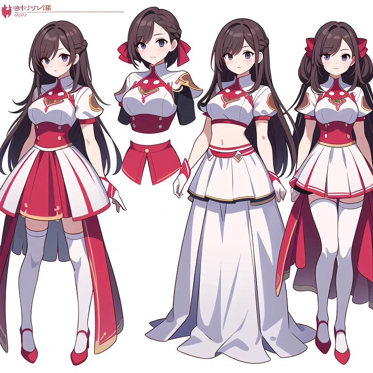 (((Best Quality))) , ((full body)), 4 lady, multiple views, white background, variety of hairstyles, (((Best Quality))) , ((full body)), An adult female, reference sheet, solo, (white background), Knights of the Zodiac girl outfits, midriff, red theme, grove,

