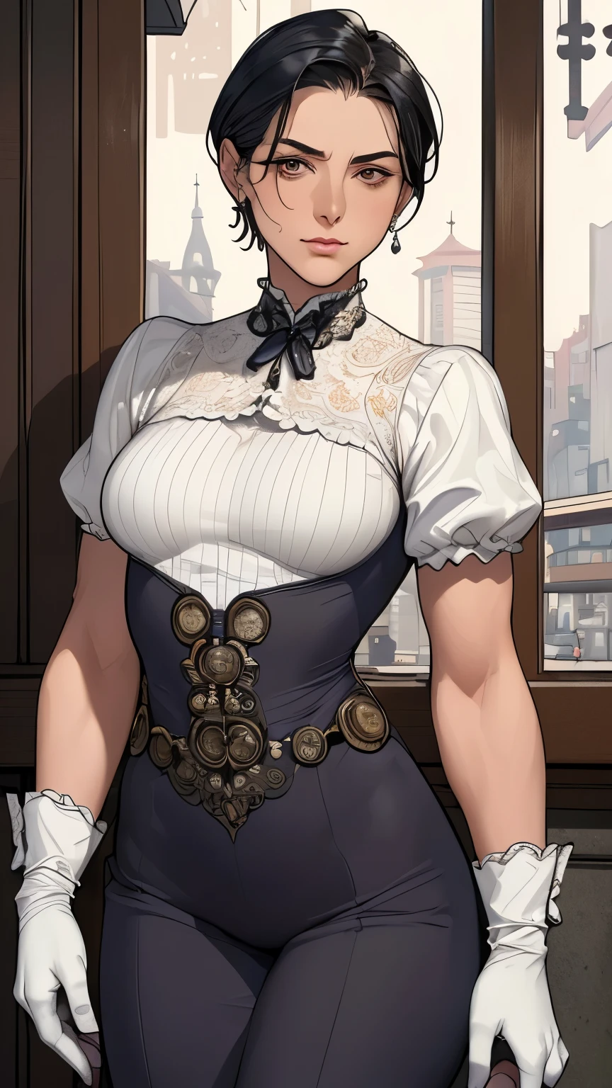 (masterpiece:1.3), (disorganized:1.3), (highest quality:1.3),(perfect anatomy:1.5),perfect finger,(detailed face), solo,horizontal angle,1 middle age woman around 55 years old,(Steam Punk), (Victorian era),Old Hong kong,(Kowloon area),((looking at viewer:1.3)), (Super detailed:1.3),(best shadow:0.7),(small breasts),((slicked back short hair:1.1)),(pixie cut),fine eyes, beautiful eyes, 1 mature woman, ((saggy small breasts)),((muscular)),dark skin,alone, standing, crystal earrings,closed_mouth, arm_behind_return,maid uniform,skirt,white gloves,rest outdoors, intimidating pose,cowboy shot