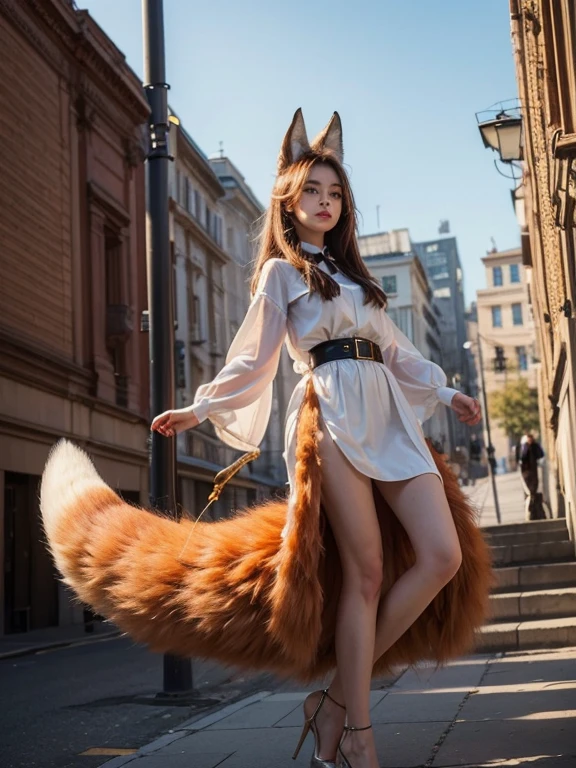 ((highest quality, 32k)), ((masterpiece)), (Get used to it), Perfect Face, Fox Girl, Beautiful woman, public, Has a tail, She has a fox's tail, She wags her fluffy tail, smile, Dog collar, She is wearing a dress, Beautiful hip line, A tail sticking out from the skirt of a dress, Big Ass, Tail on the buttocks