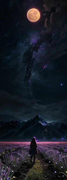 expansive landscape photograph , (a view from below that shows sky above and open field below), a girl standing on flower field looking up, (full moon:1.2), ( shooting stars:0.9), (nebula:1.3), distant mountain, tree BREAK
production art, (warm light source:1.2), (Firefly:1.2), lamp, lot of purple and orange, intricate details, volumetric lighting BREAK
(masterpiece:1.2), (best quality), 4k, ultra-detailed, (dynamic composition:1.4), highly detailed, colorful details,( iridescent colors:1.2), (glowing lighting, atmospheric lighting), dreamy, magical, (solo:1.2)