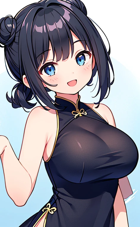 (masterpiece:1.4、top-quality、illustration:1.4,realistic、)、(character focus、,upper body:1.3)、(1girl),(happy smile:1.3),(cute),cute face,blue eyes、(cute)、
,(stand:1.4),(black hair bun),
,(slender),(china dress:1.3),
(),(), (large :1.3)、
、slender、